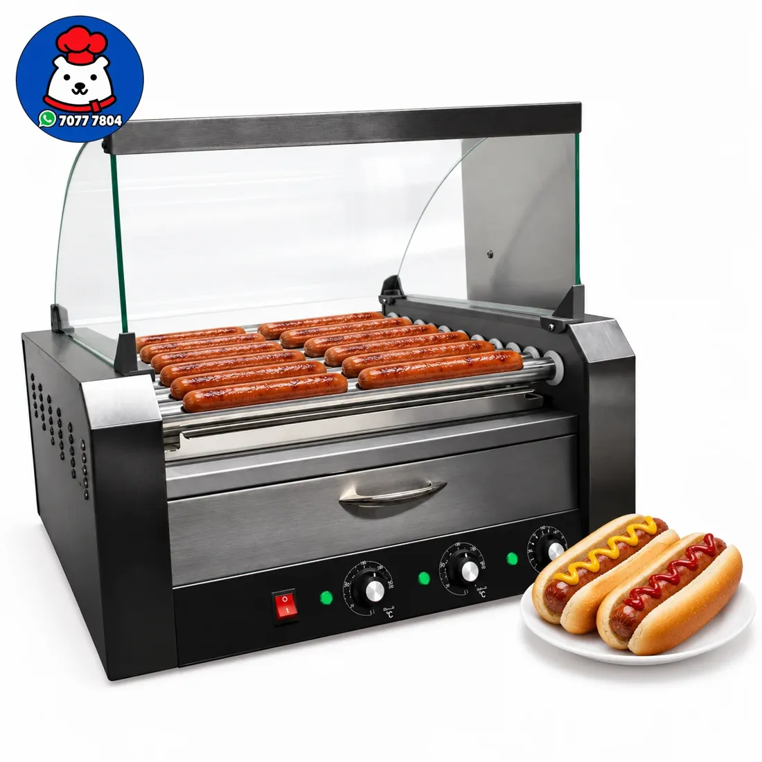Vista 3 de Máquina de perros calientes de 11  rodillos con vitrina y calentador de pan